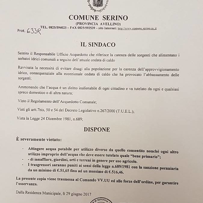 Il Bene Comune per eccellenza: l’acqua. Ordinanza comunale contro gli sprechi