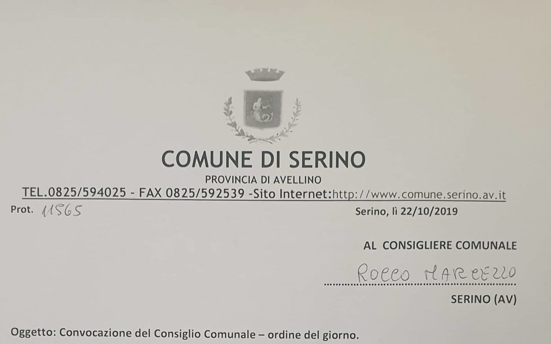 Convocazione Consiglio comunale di Serino del 29 Novembre 2019 – DOCUMENTI IN ALLEGATO