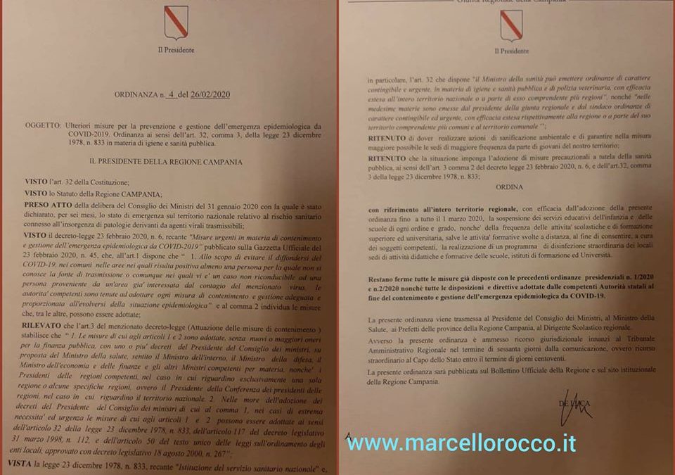 Comunicazione ufficiale Regione Campania su coronavirus: chiusura straodinaria delle scuole per tre giorni – DOCUMENTI