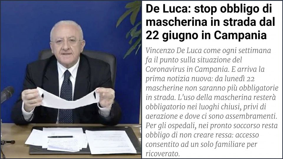 De Luca: stop obbligo di mascherina in strada dal 22 Giugno in Campania – ARTICOLO fanpage.it