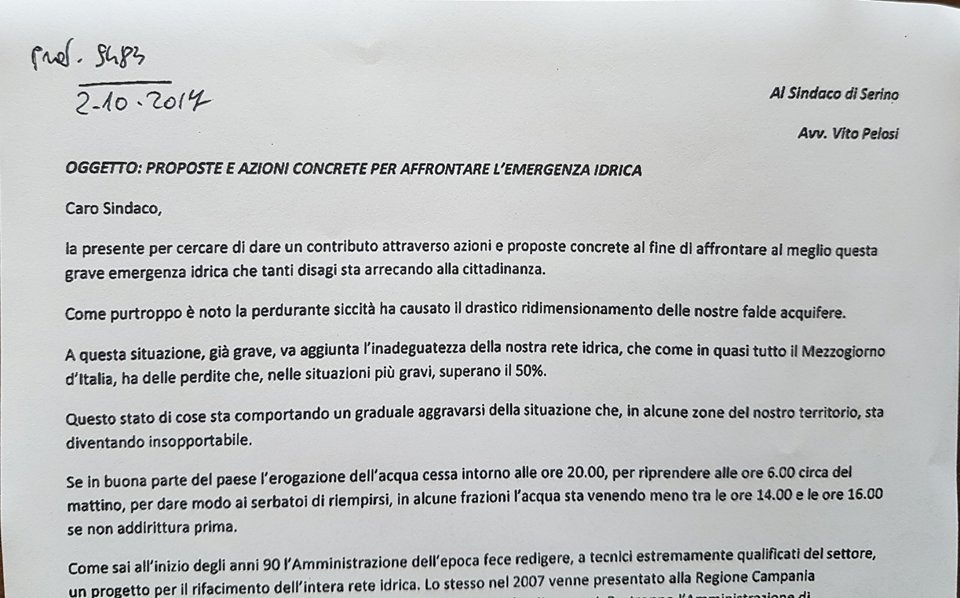 Lettera aperta al Sindaco di Serino. Proposte e azioni concrete per affrontare l’emergenza idrica – RASSEGNA STAMPA