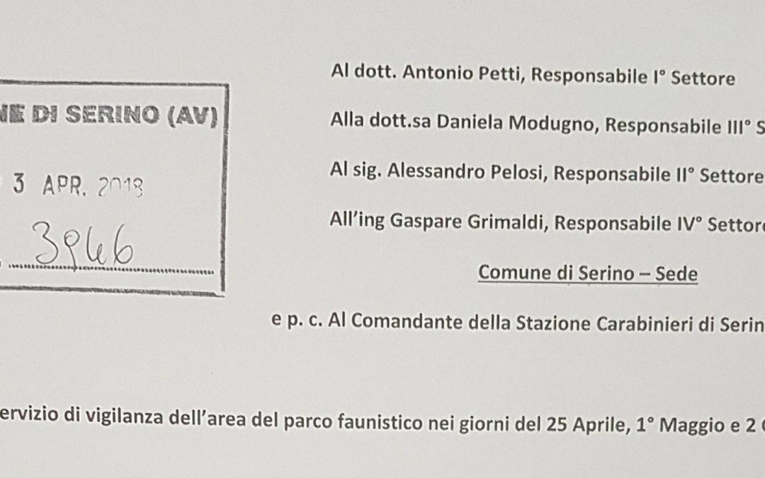 Servizio di vigilanza dell’area del parco faunistico nei giorni del 25 Aprile, 1° Maggio e 2 Giugno