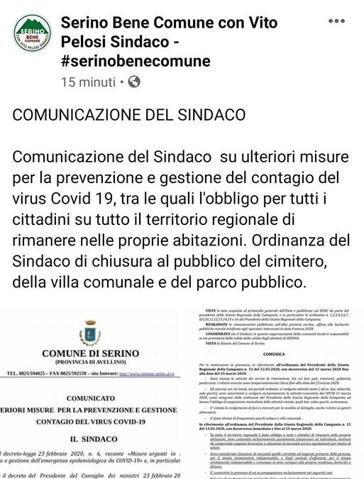 Coronavirus, ordinanza del Sindaco di Serino per chiudere la villa comunale da oltre 10 anni non accessibile ai cittadini – DOCUMENTI IN ALLEGATO
