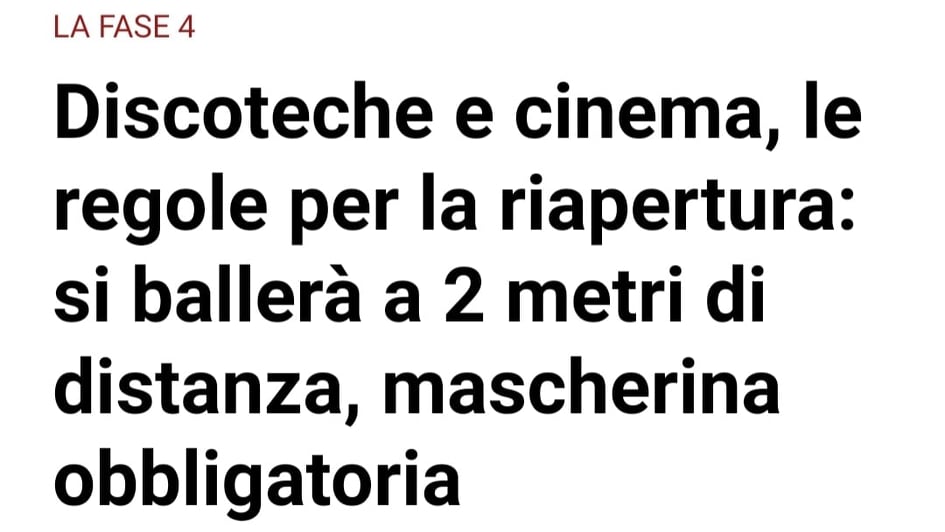 Dal 15 Giugno scatta la “fase 4”. Riapriranno cinema, teatri, discoteche e locali – APPROFONDIMENTI